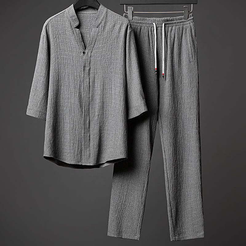 Men's Outdoor Street Casual Breathable Comfortable Soft Plain Half Sleeves Shirt Pants Sets