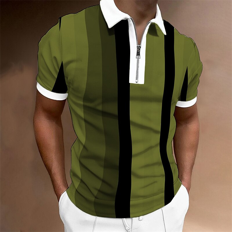 Men's Outdoor Street Fashion Casual Breathable Comfortable Soft Stripes Zipped Short Sleeves Polo Shirt