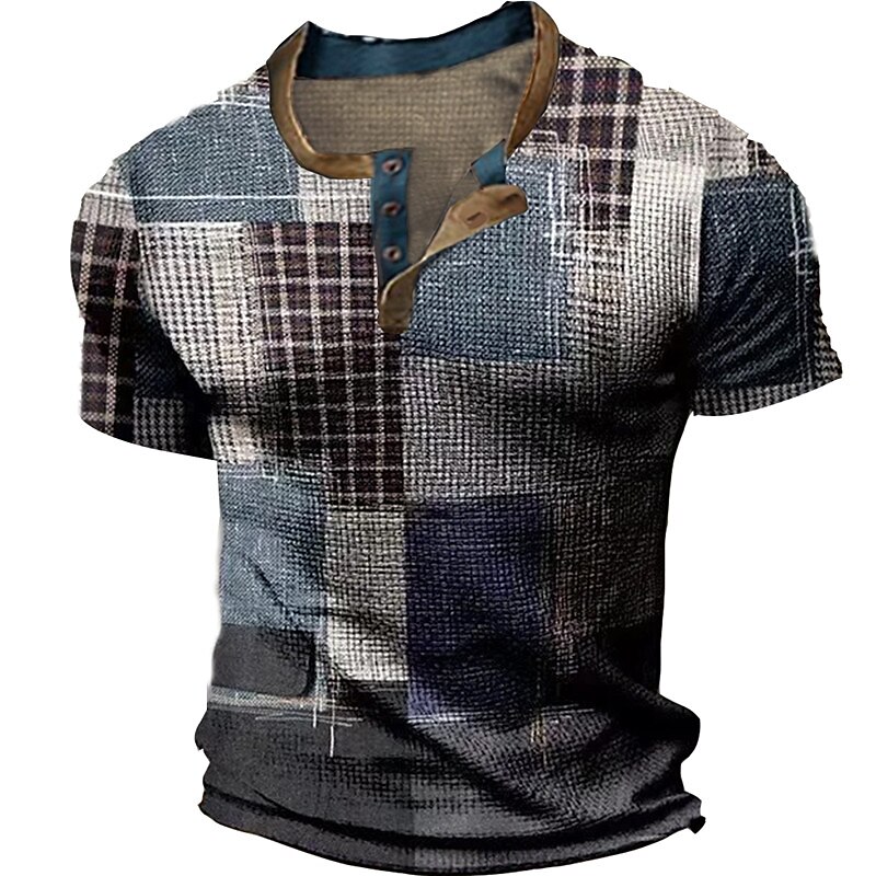 Men's Outdoor Street Fashion Casual Breathable Comfortable Light Print Waffle Short Sleeve Henley Shirt