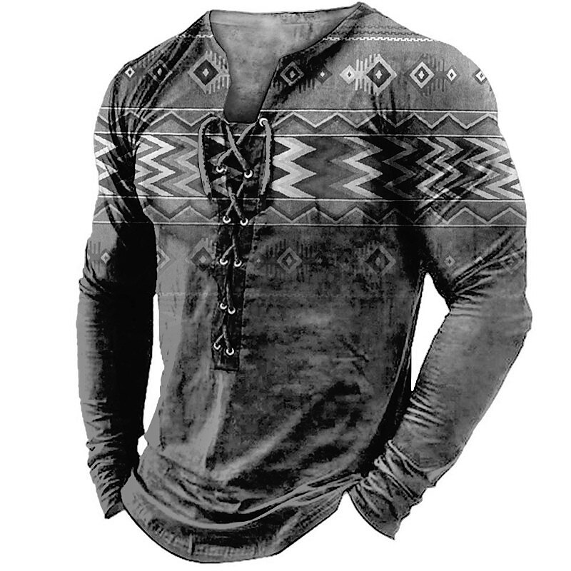 Men's T shirt Graphic Collar Print Outdoor Street Long Sleeve Lace up Print Clothing Boho Top