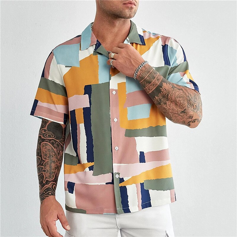 Men's Summer Hawaiian Shirt Color Block Turndown Short Sleeve Spring & Summer Tropical Fashion Outdoor Street Tops