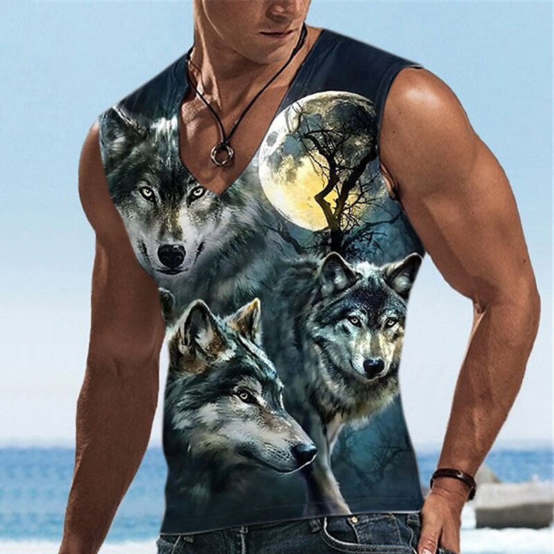Men's Vest Top Graphic Animal Wolf V Neck 3D Print Daily Vacation Sleeveless 3D Print Top