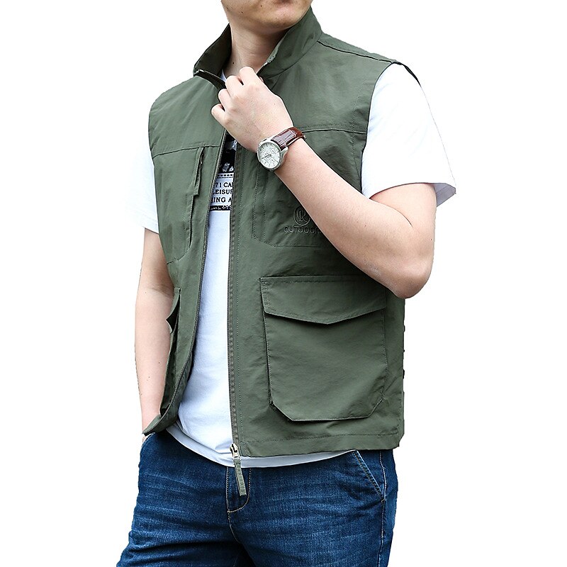 Men's Outdoor Fishing Climbing Casual Breathable Muti-pockets Zipper Light Plain Stand Collar Sleeveless Gilet