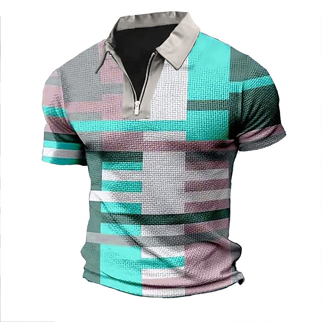 Men's Polo Golf Shirt Plaid Striped Graphic Prints Geometry Turndown Outdoor Street Short Sleeves Zipper Top