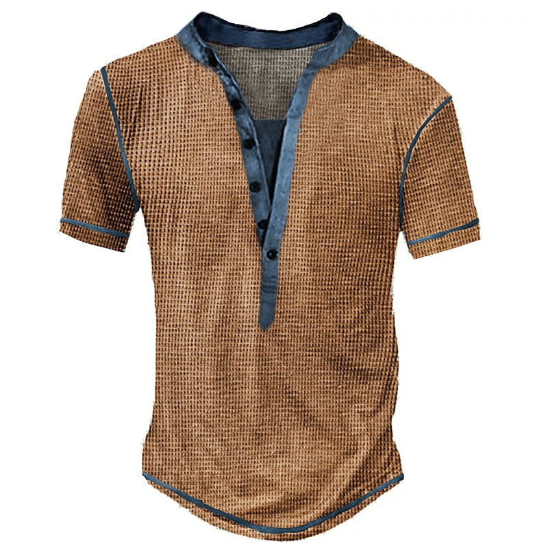 Men's Outdoor Street Fashion Casual Breathable Comfortable Button Light Plain Waffle V-neck Short Sleeve Henley Shirt