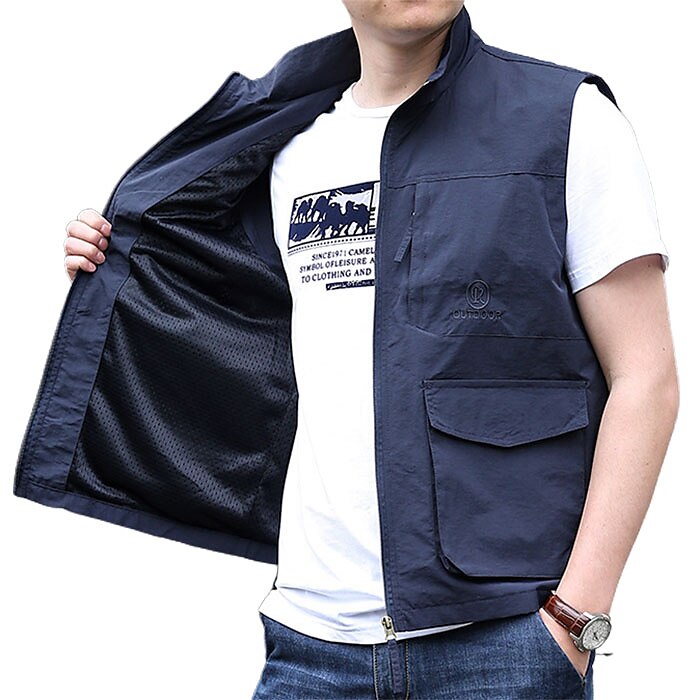 Men's Outdoor Fishing Climbing Casual Breathable Muti-pockets Zipper Light Plain Stand Collar Sleeveless Gilet
