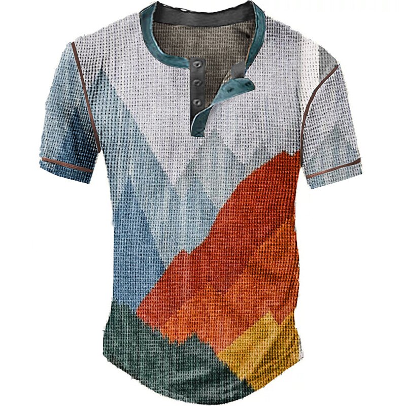 Men's Waffle Casual Outdoor Fashion Comfortable Breathable Soft Print Short Sleeves Henley Shirt