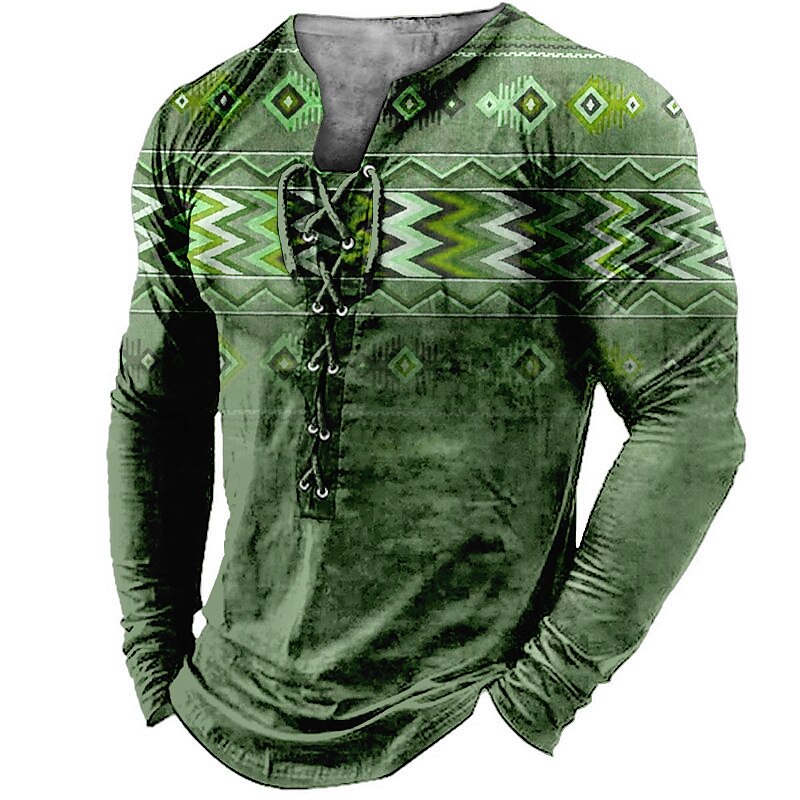 Men's T shirt Graphic Collar Print Outdoor Street Long Sleeve Lace up Print Clothing Boho Top