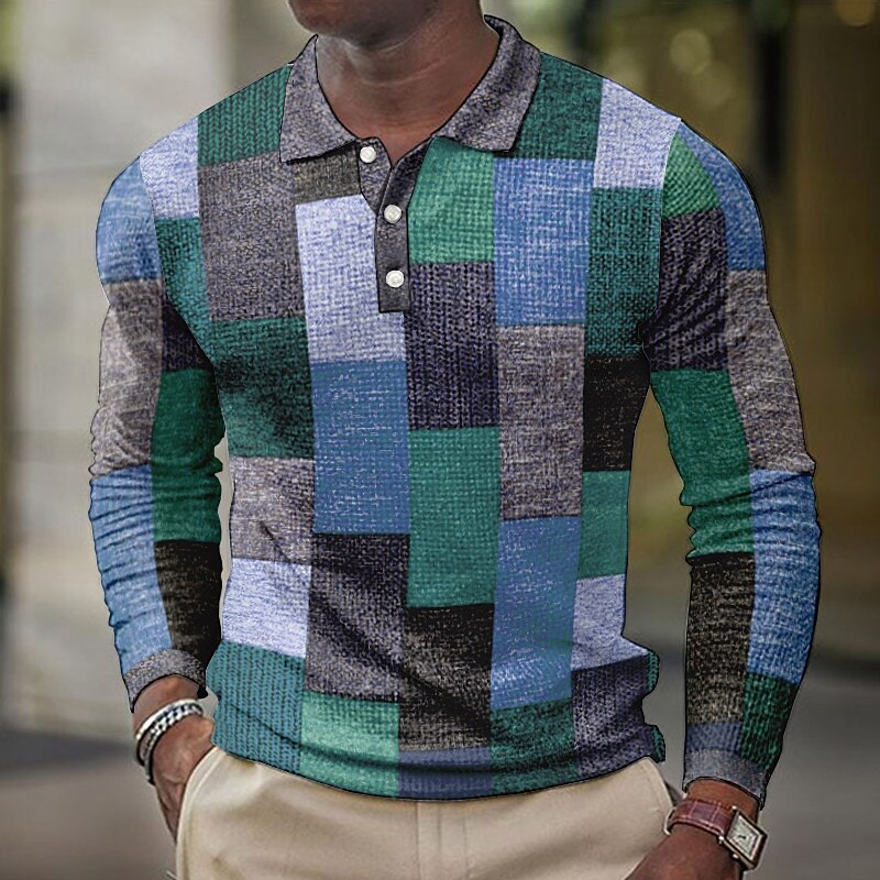 Men's Casual Outdoor Street Fashion Comfortable Soft Plaid Long Sleeves Polo Shirt