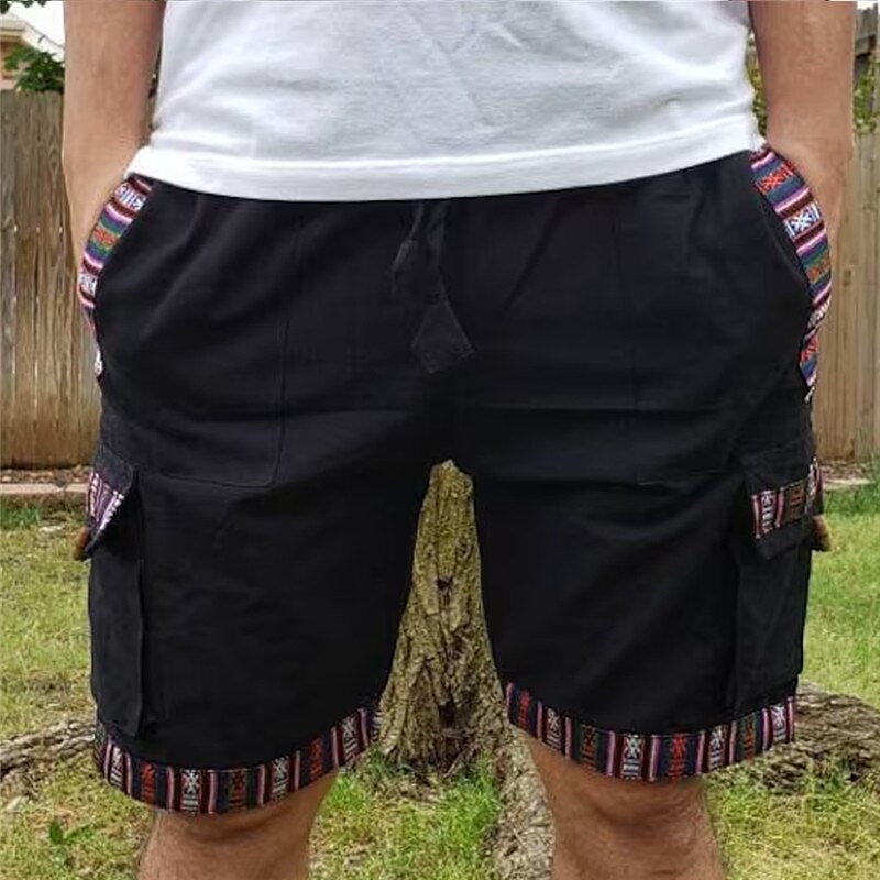 Men's Shorts Summer Shorts Beach Shorts Drawstring Elastic Waist Multi Pocket Patchwork Comfort Breathable Short Casual Daily Holiday Fashion Ethnic Style Black White