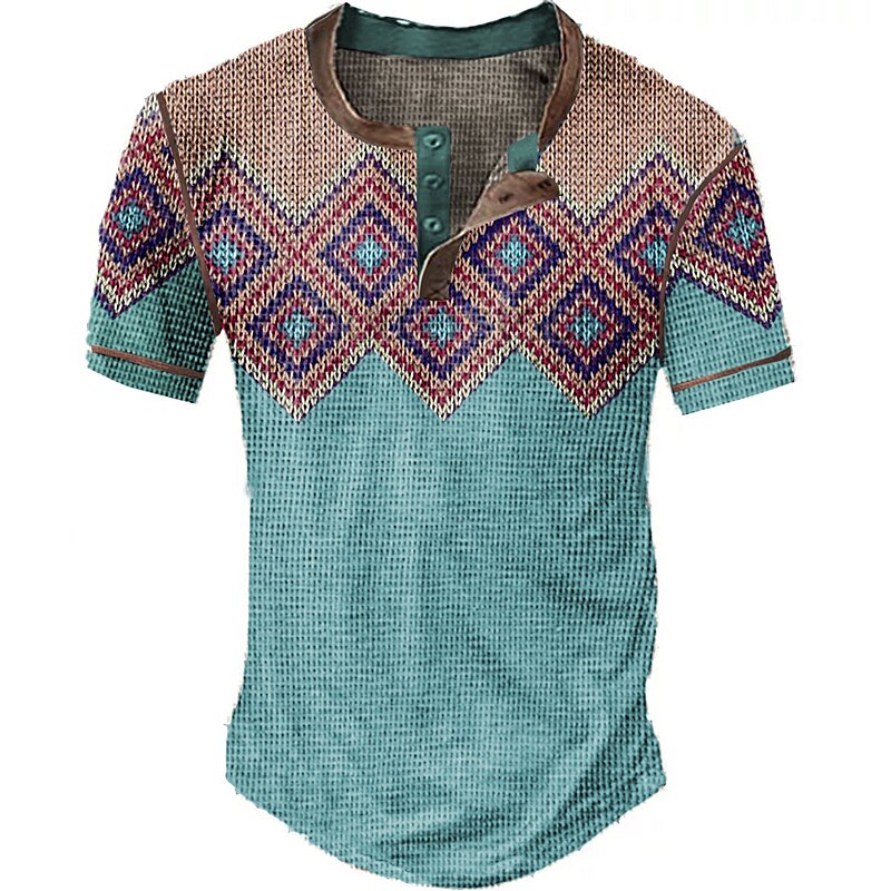 Men's Waffle Casual Outdoor Fashion Comfortable Breathable Print Short Sleeves Henley Shirt