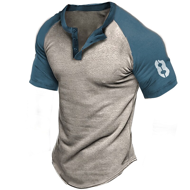 Men's Henley Shirt Graphic Color Block Number Henley 3D Print Outdoor Casual Short Sleeve Patchwork Button-Down Top