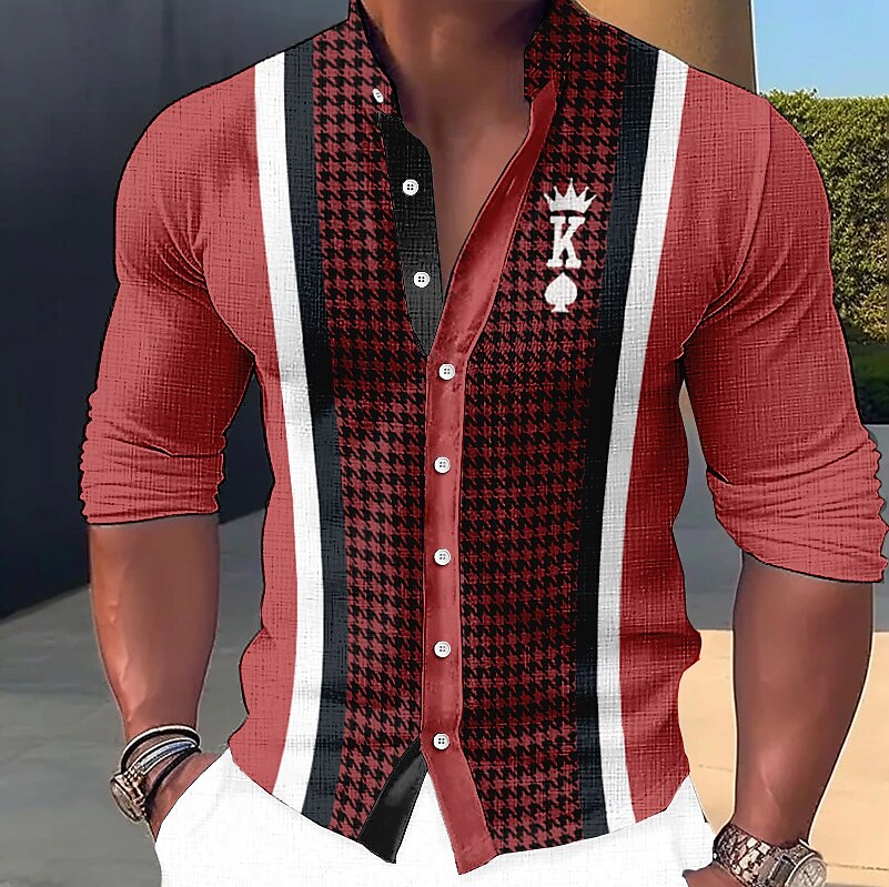 Men's  Linen Shirt Plaid / Check Graphic Smiley Face King Stand Collar Outdoor Street Long Sleeve Print Shirt