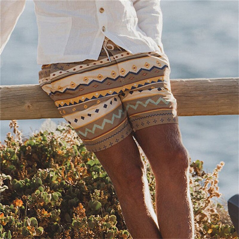 Men's Summer Beach Shorts Drawstring Elastic Waist Print Graphic Geometry Breathable Soft Short Casual Ethnic Shorts 