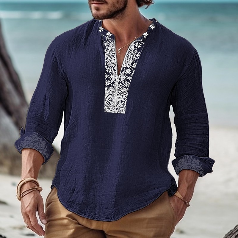 Men's Linen Summer Beach Shirt Henley Shirt Long Sleeve Color Block Henley Spring & Summer Casual Top