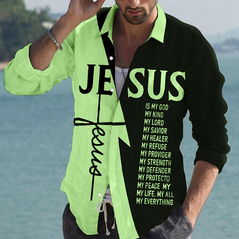 Men's Shirt Linen Shirt Letter Graphic Prints Cross Jesus Turndown  Outdoor Street Long Sleeve Print Linen Fashion Streetwear Casual Top
