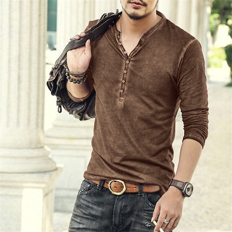 Men's  Henley Shirt Long Sleeve Shirt Plain Henley Street Casual Long Sleeve Button-Down 100% Cotton Classic Casual Muscle T shirt