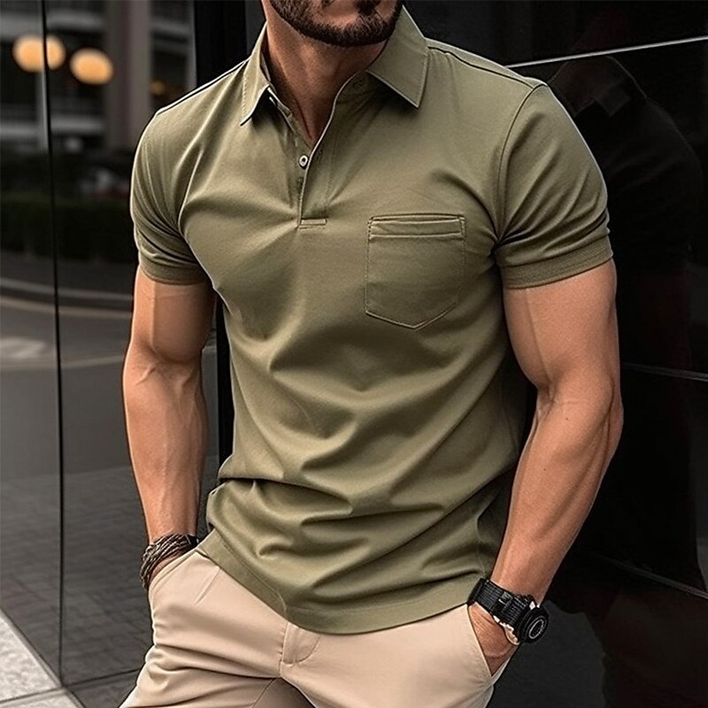Men's Golf Casual Holiday Fashion Comfortable Breathable Soft Plain Pocket Short Sleeves Polo Shirt