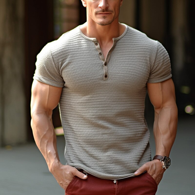 Men's Casual Street Classic Fashion Comfortable Breathable Soft Plain Short Sleeve Henley Shirt