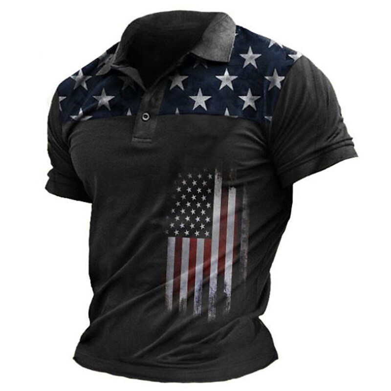 Men's Collar Polo Shirt National Flag Turndown Street Casual Short Sleeve 3D Button-Down Top