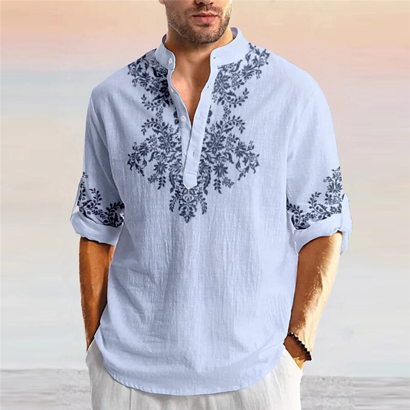 Men's Linen Shirt Floral Graphic Prints Stand Collar Outdoor Street Long Sleeve Print Linen Fashion Casual Shirt 