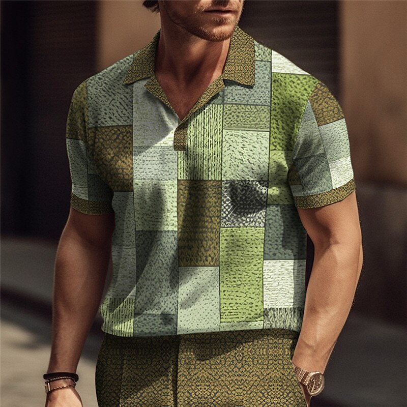 Men's Cuban Collar Shirt Lapel Polo Shirt Plaid / Check Graphic Prints Geometry Stand Collar Outdoor Street Short Sleeve Print Linen Top