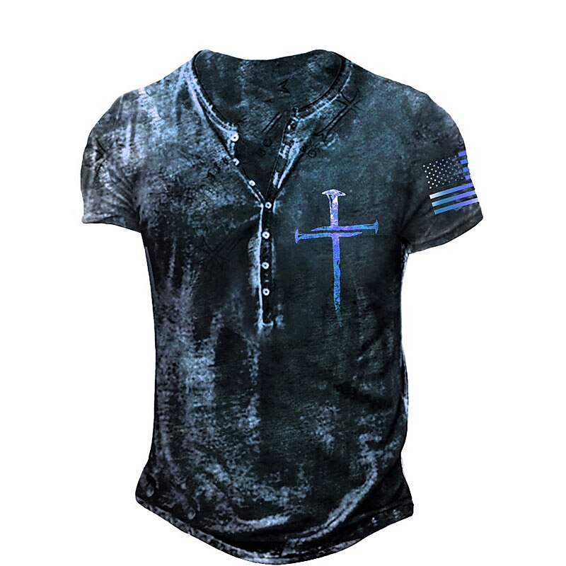Men's Outdoor Vintage Casual Breathable Comfortable Light 3D Print Lapel Short Sleeve Henley T shirt