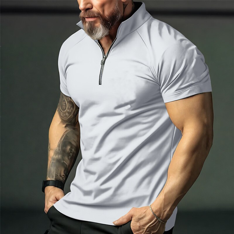 Men's Casual Street Fashion Breathable Light Comfortable Plain Zipped Stand Collar Short Sleeve Polo Shirt