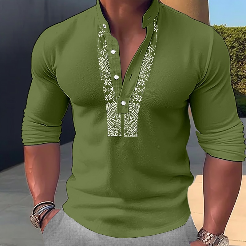 Men's Casual Beach Henley Shirt Long Sleeve Flower / Floral Henley Daily Comfortable Shirt 