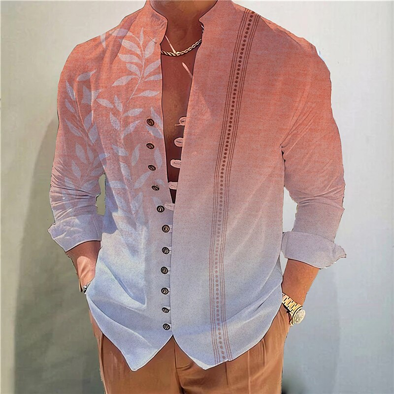 Men's Outdoor Street Fashion Casual Breathable Comfortable Light Print Stand Collar Long Sleeve Shirt