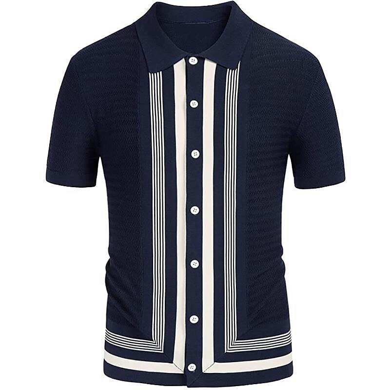 Men's Polo Shirt Casual Button Classic Short Sleeve Fashion Casual Graphic Striped Button Front  Knit Polo Sweater