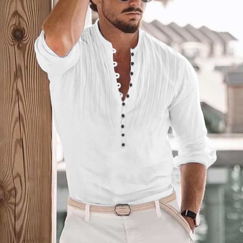 Men's Button Up Long Sleeve Plain Crew Neck Street Vacation Stylish Modern Casual Henley