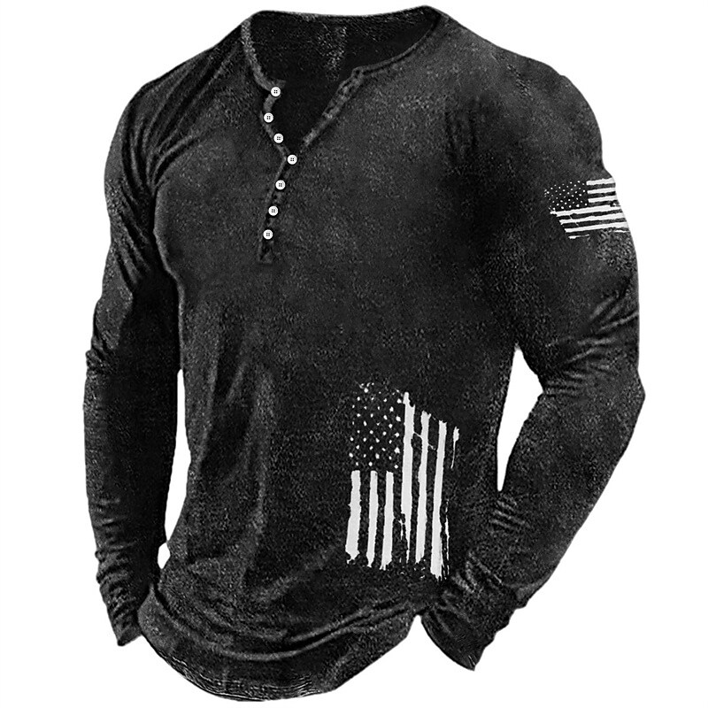 Men's Henley Graphic Long Sleeve Shirt National Flag Henley Hot Stamping Street Vacation Long Sleeve Top