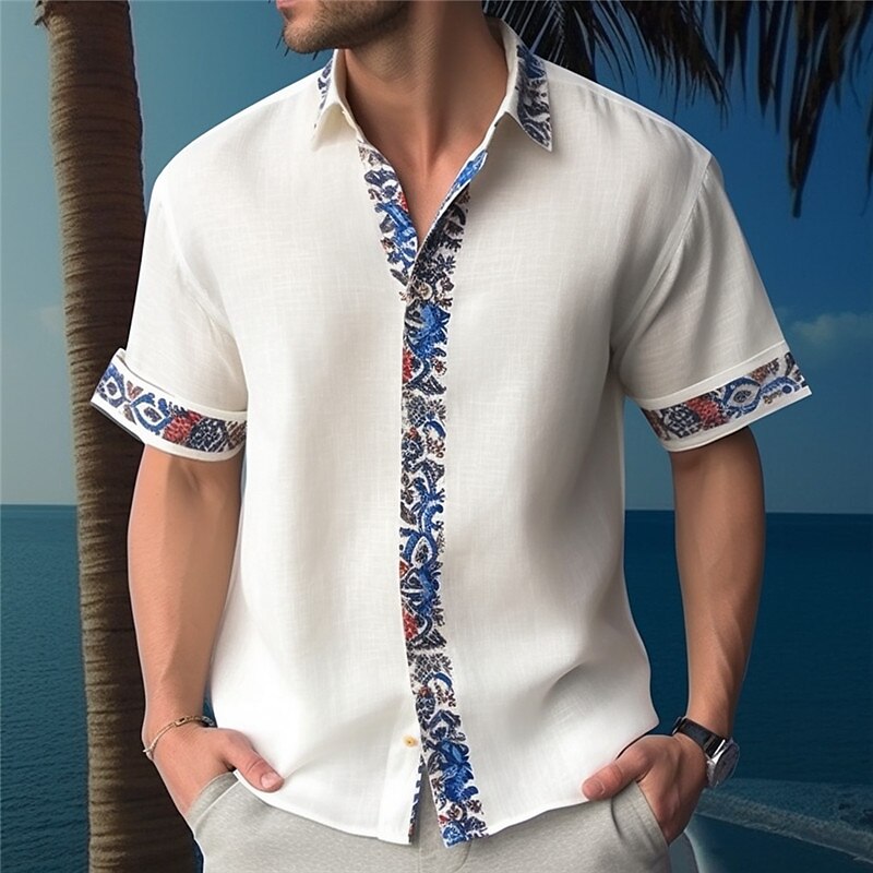 Men's Shirt Linen Shirt Floral Graphic Prints Turndown Outdoor Short Sleeves Linen Fashion Casual Soft Shirt
