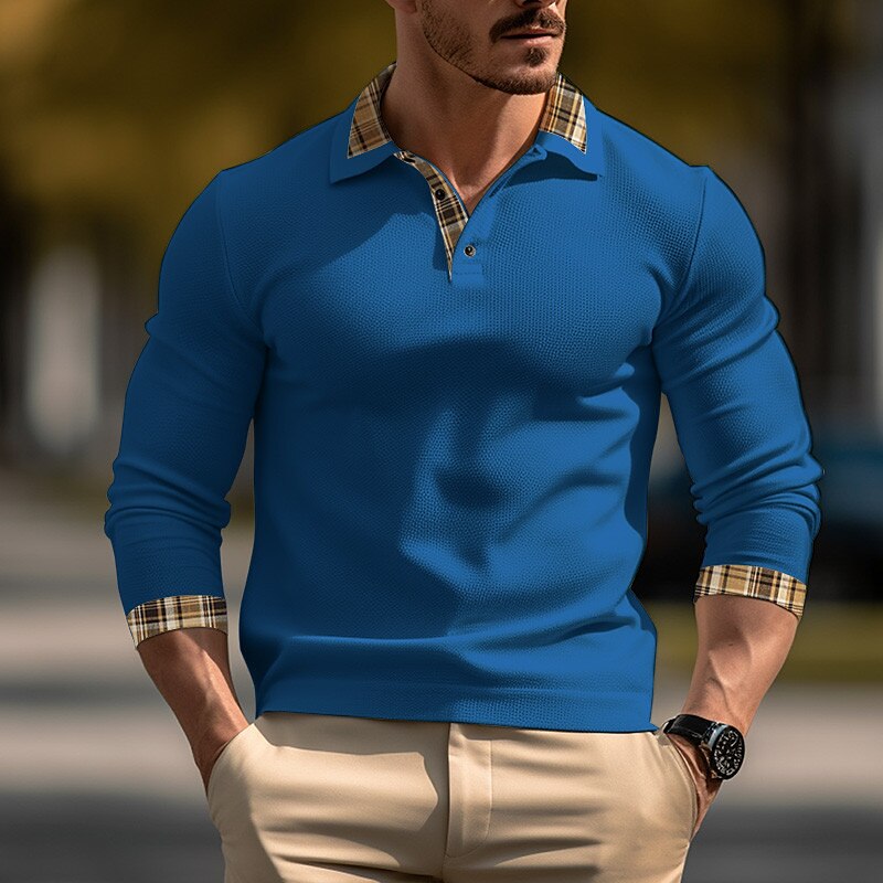 Men's Button Up Polos Shirt Casual Sports Lapel Long Sleeve Fashion Basic Color Block Polos