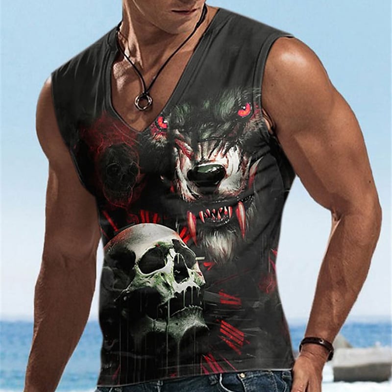 Men's Fitness Muscle Sports Animal Print Graphic V-Neck T-Shirt