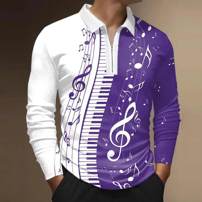 Men's Polo Shirt Golf Shirt Zip Polo Graphic Prints Notes Turndown Out
