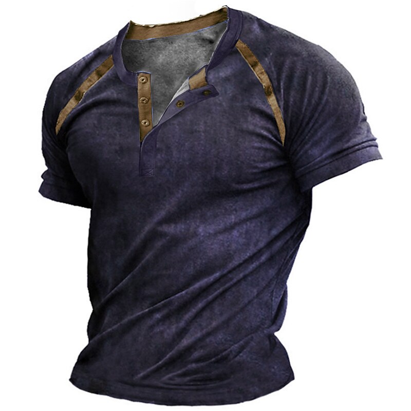 Men's Henley Shirt Raglan Graphic Color Block Henley Street Casual Short Sleeve Button-Down Basic T shirt 