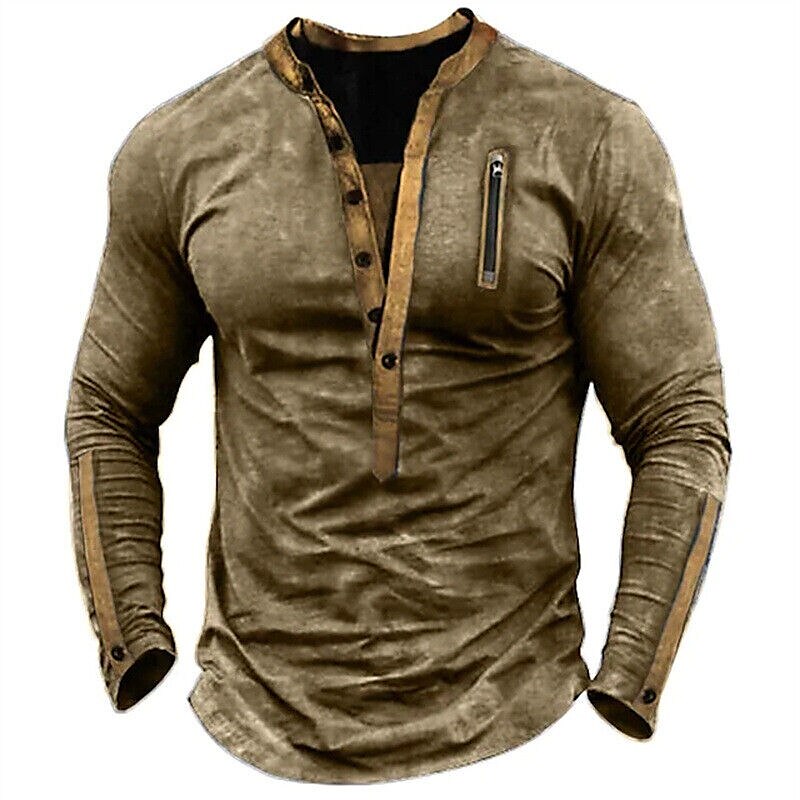 Men's Henley Shirt Plain Henley Street Vacation Long Sleeve Patchwork Zipper Designer Vintage Top