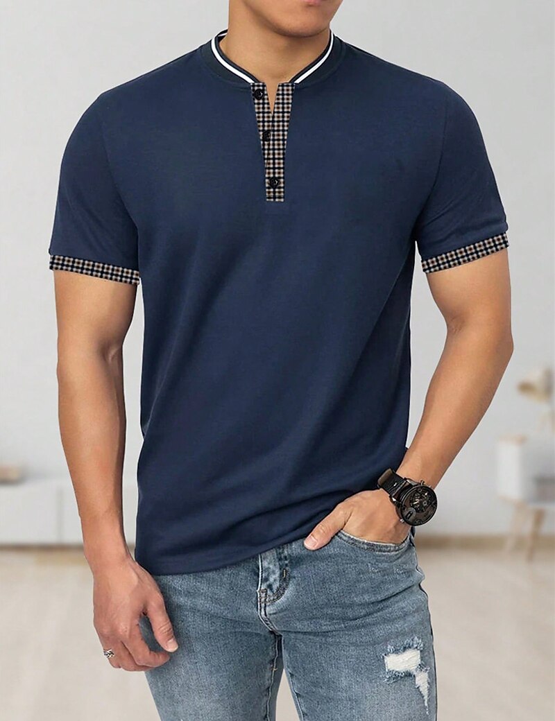 Men's Henley Shirt Plain Plaid / Check Henley Street Vacation Short Sleeves Patchwork Clothing Apparel Fashion Designer Basic Top 