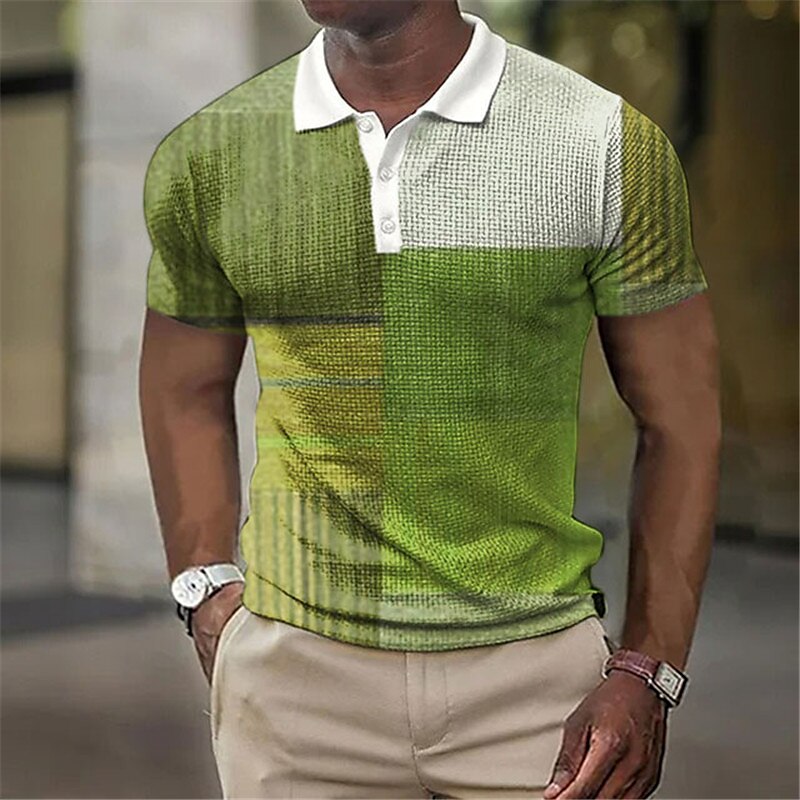 Men's Waffle Golf Outdoor Street Casual Breathable Comfortable Light Lapel Prints Short Sleeve Polo Shirt