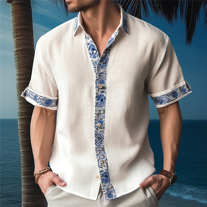 Men's Shirt Linen Shirt Floral Graphic Prints Turndown Outdoor Short Sleeves Linen Fashion Casual Soft Shirt