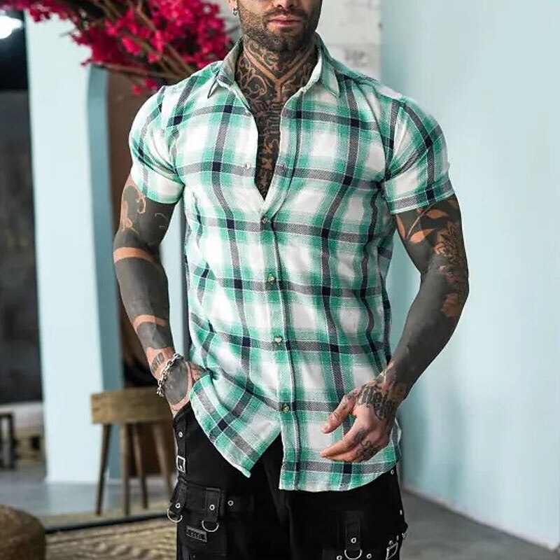 Men's Outdoor Holiday Beach Fashion Casual Breathable Light Comfortable Plaid Short Sleeve Polo Shirt