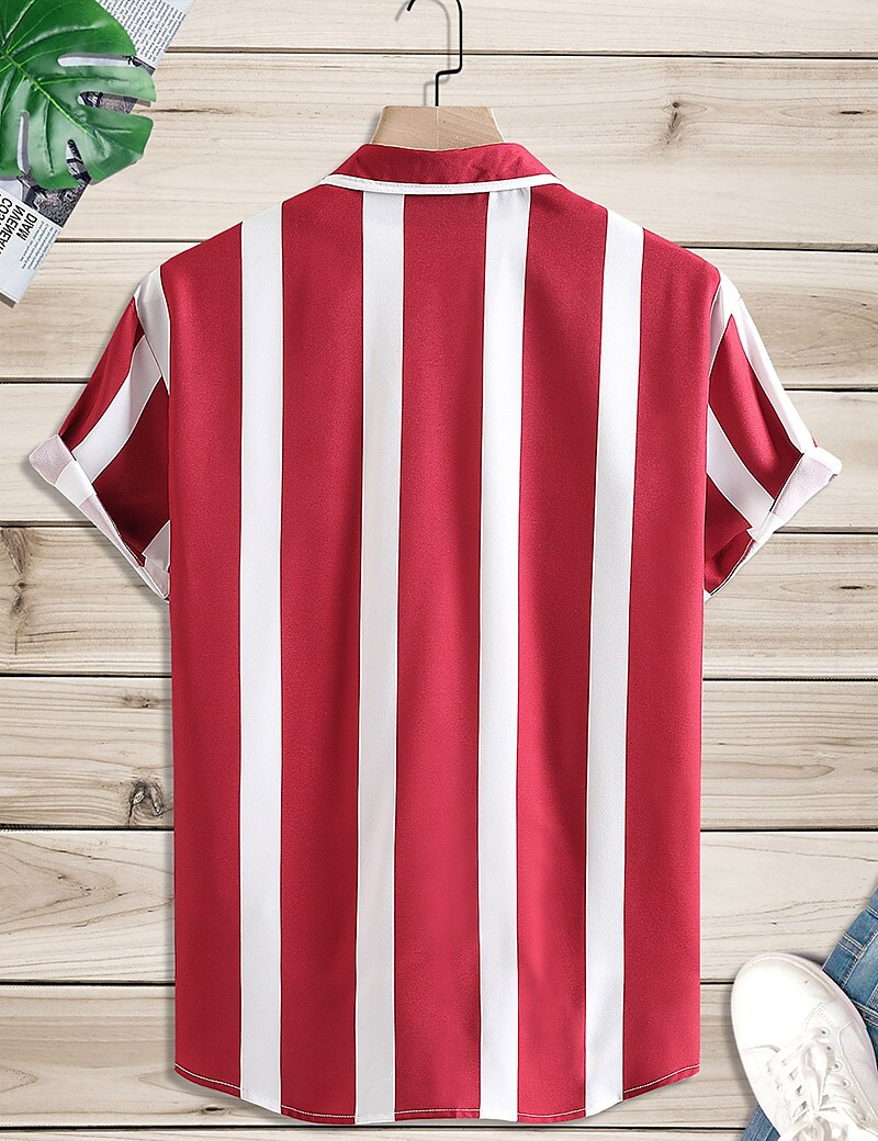 Men's Outdoor Street Casual Vacation Comfortable Breathable Lightweight Stripe Print Lapel Short Sleeve Shirt