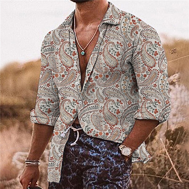 Men's Boho Shirt Floral Graphic Turndown Apricot Pink Outdoor Street Long Sleeve Button-Down Print Tropical Sports Shirt  