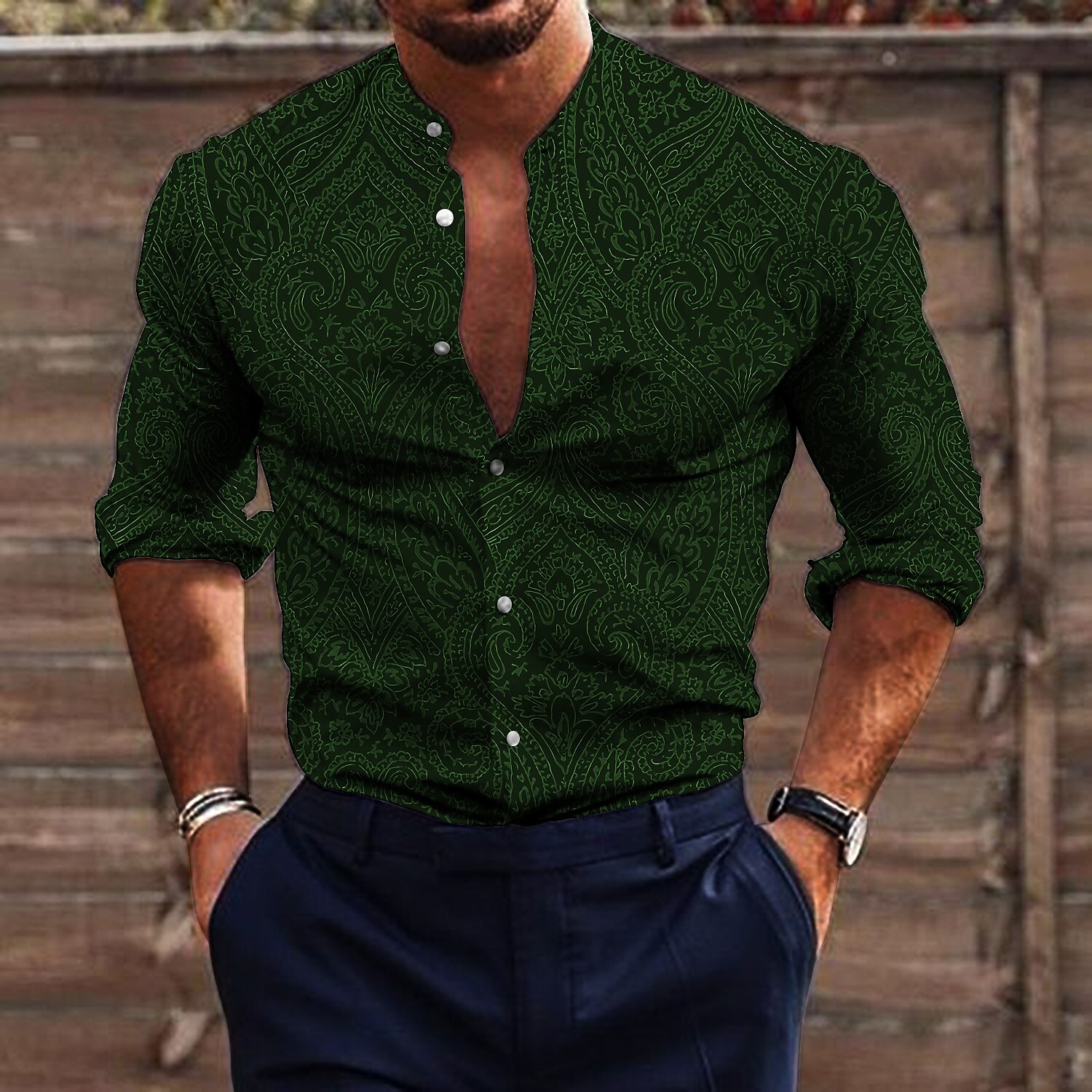 Men's Shirt Floral Stand Collar Print Outdoor Street Long Sleeve Button-Down Print Fashion Retro Vintage Shirt