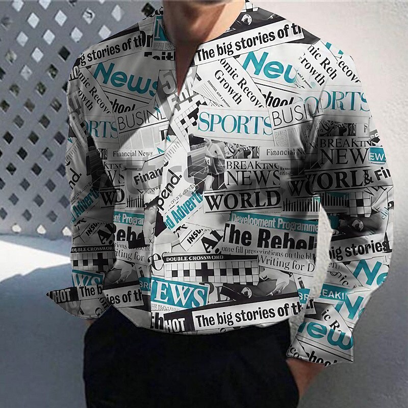 Men's Shirt Letter Text Graphic Prints V Neck Street Long Sleeve Print Fashion Streetwear Casual Shirt 