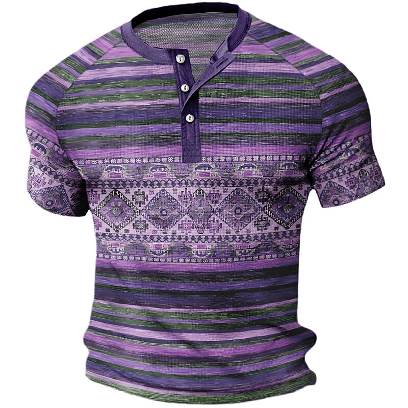 Men's Waffle Casual Outdoor Street Fashion Comfortable Light Striped Short Sleeves Henley Shirt