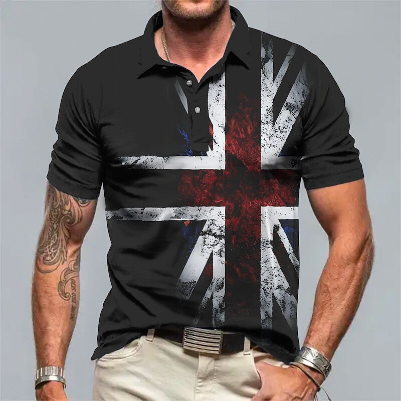 Men's Button Up Lapel Polo Golf Shirt Graphic Prints Flame American Flag Turndown Outdoor Street Short Sleeves Print  Polo Shirt