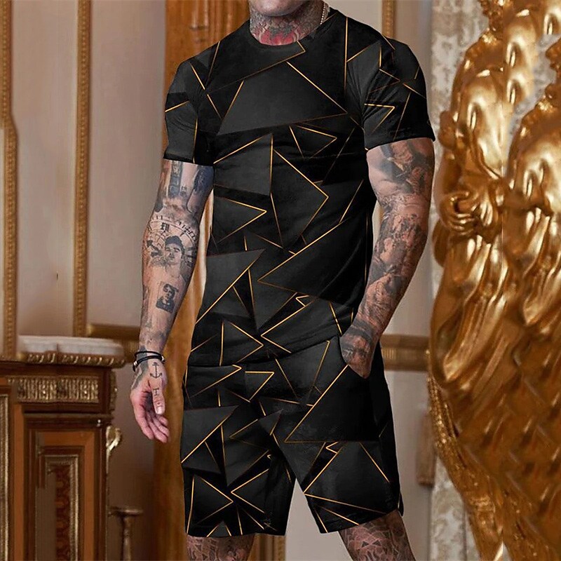 Men's Shorts and T Shirt Set Outfits Graphic Geometric Crew Neck 3D Print Outdoor Daily Short Sleeve 2 Piece Set
